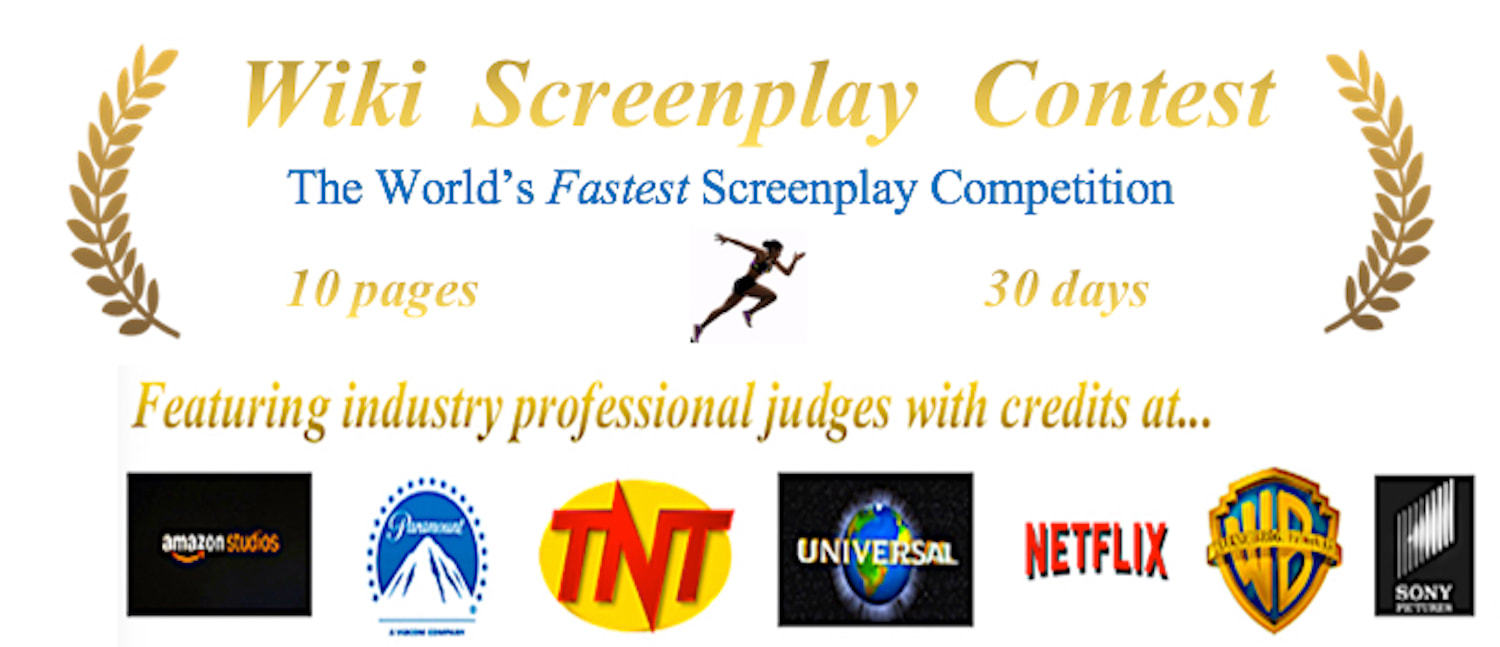 Wiki Screenplay Contest logo with production company logos at bottom