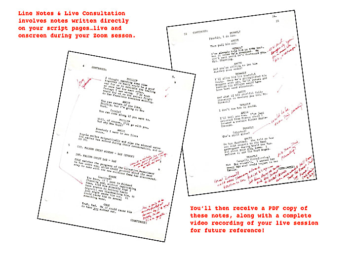 two pages of screenplay covered in hand-written notes in red ink
