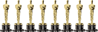eight academy award statuettes in a line