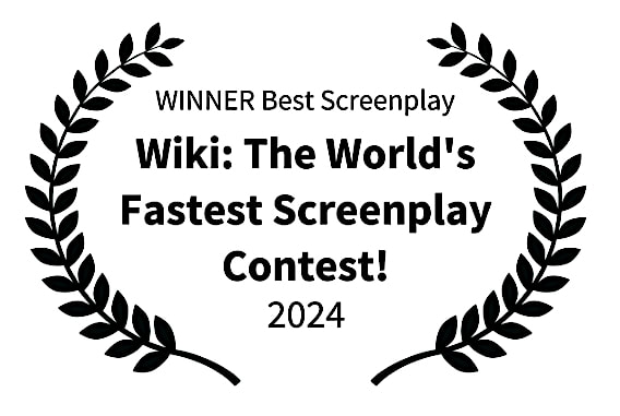 Best screenplay laurel for the 2024 Wiki Screenplay Contest. Black lettering on white background